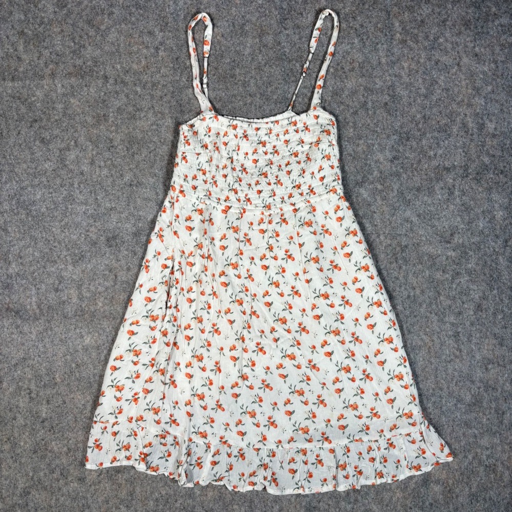 Abercrombie & Fitch Smocked Mini Dress Girls M Pocket White Orange Peaches y2K